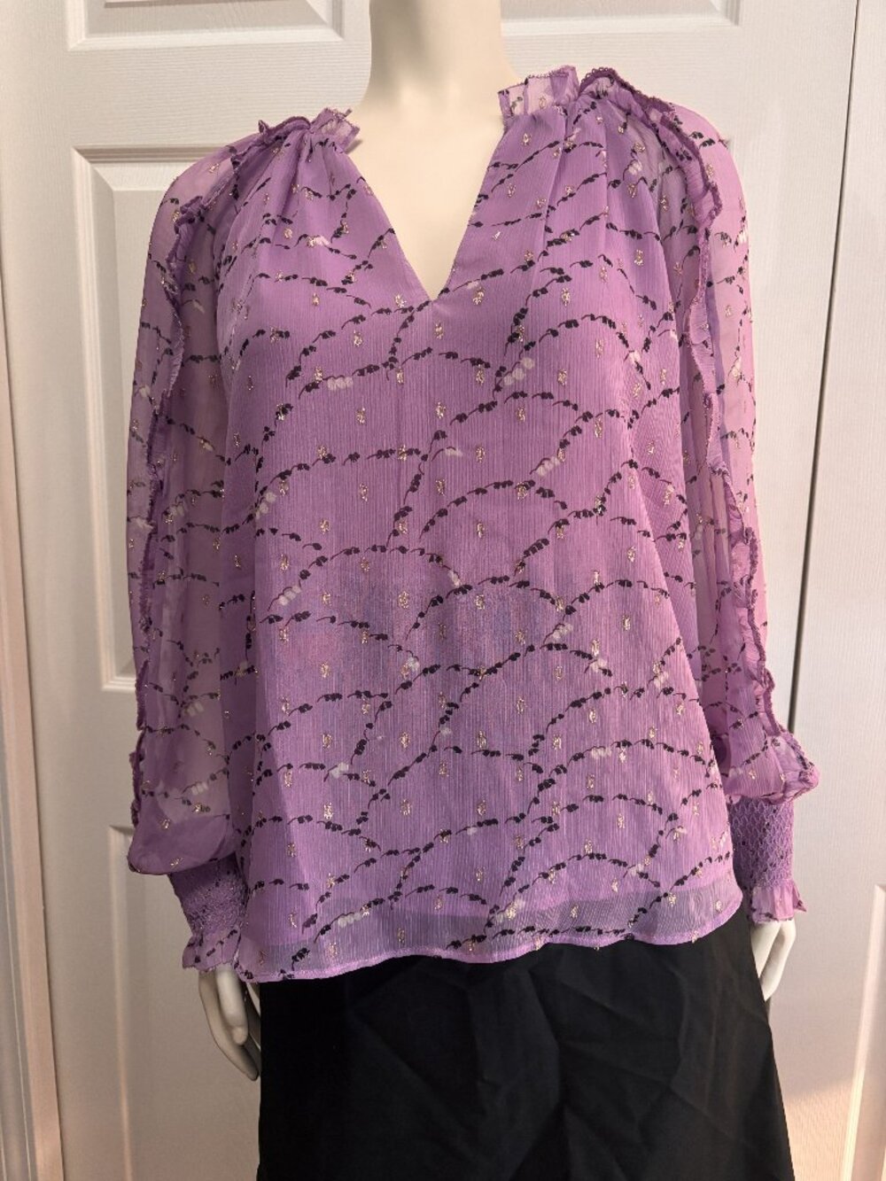 Ann Taylor Small Lilac Sheer Blouse Metallic Detail Ruffle Neck Long Sleeve